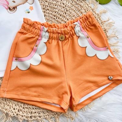 Conj. Blusa Ursinha e Raposinha com Short Laranja - Off White